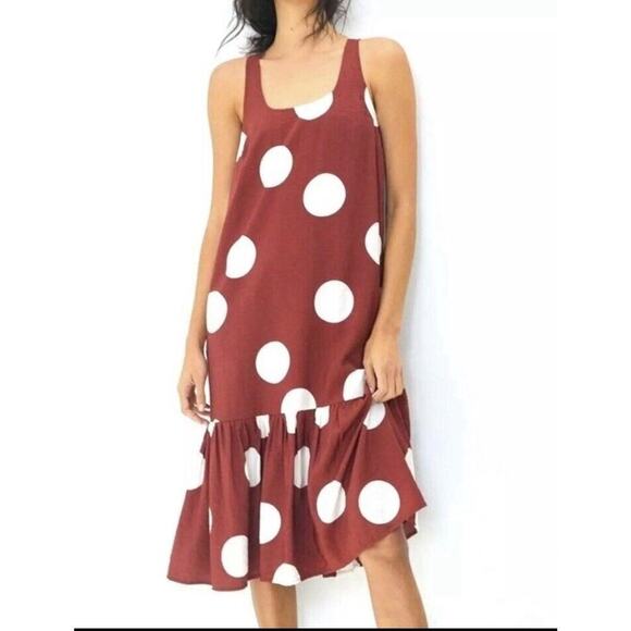 Anthropologie Midi Dress Michaela Flounced Polka Dot Print Size SP Brown… - Picture 1 of 10